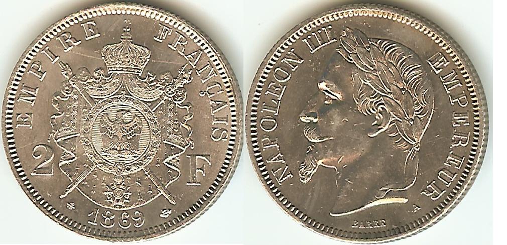 2 Francs Napoléon III 1869A Paris SUP+ à SPL-